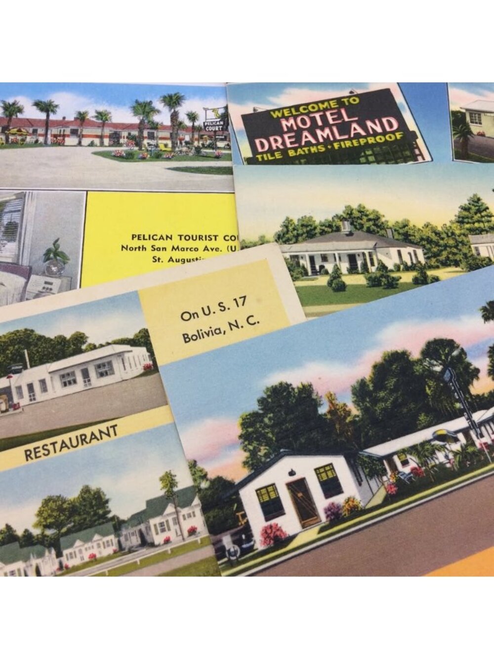 5 Vintage Linen Motel Postcards USA Florida Virgina North Carolina